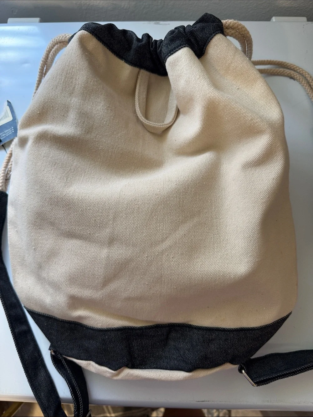 Cherokee Cream Canvas Drawstring Backpack with denim blue Trim VINTAGE
